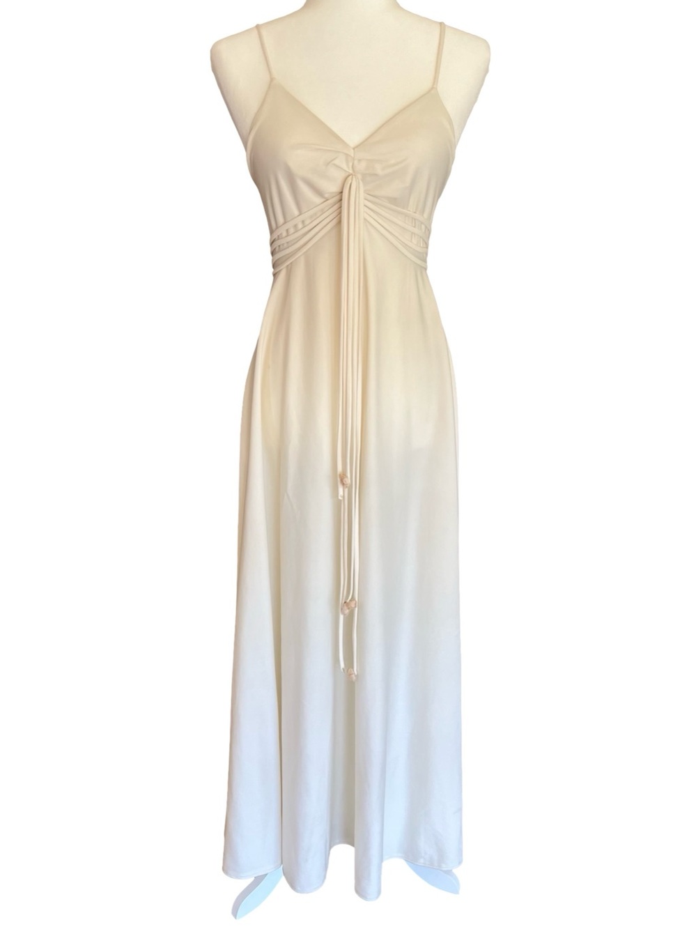 VTG 70s Ivory Boho Fairy Empire Waist Strappy Goddess Maxi Dress Union-Made USA